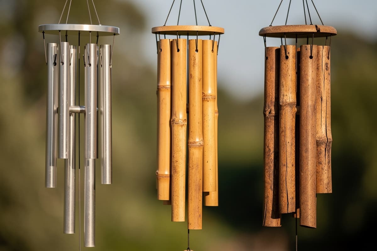 Three wind chime materials side by side: aluminum tubes, bamboo sections, and wooden pipes