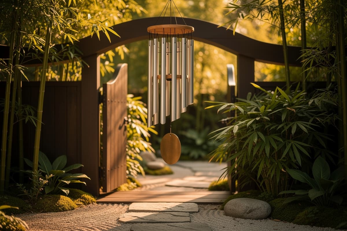 Wind chimes hanging at a garden entrance, warm afternoon light through bamboo and foliage