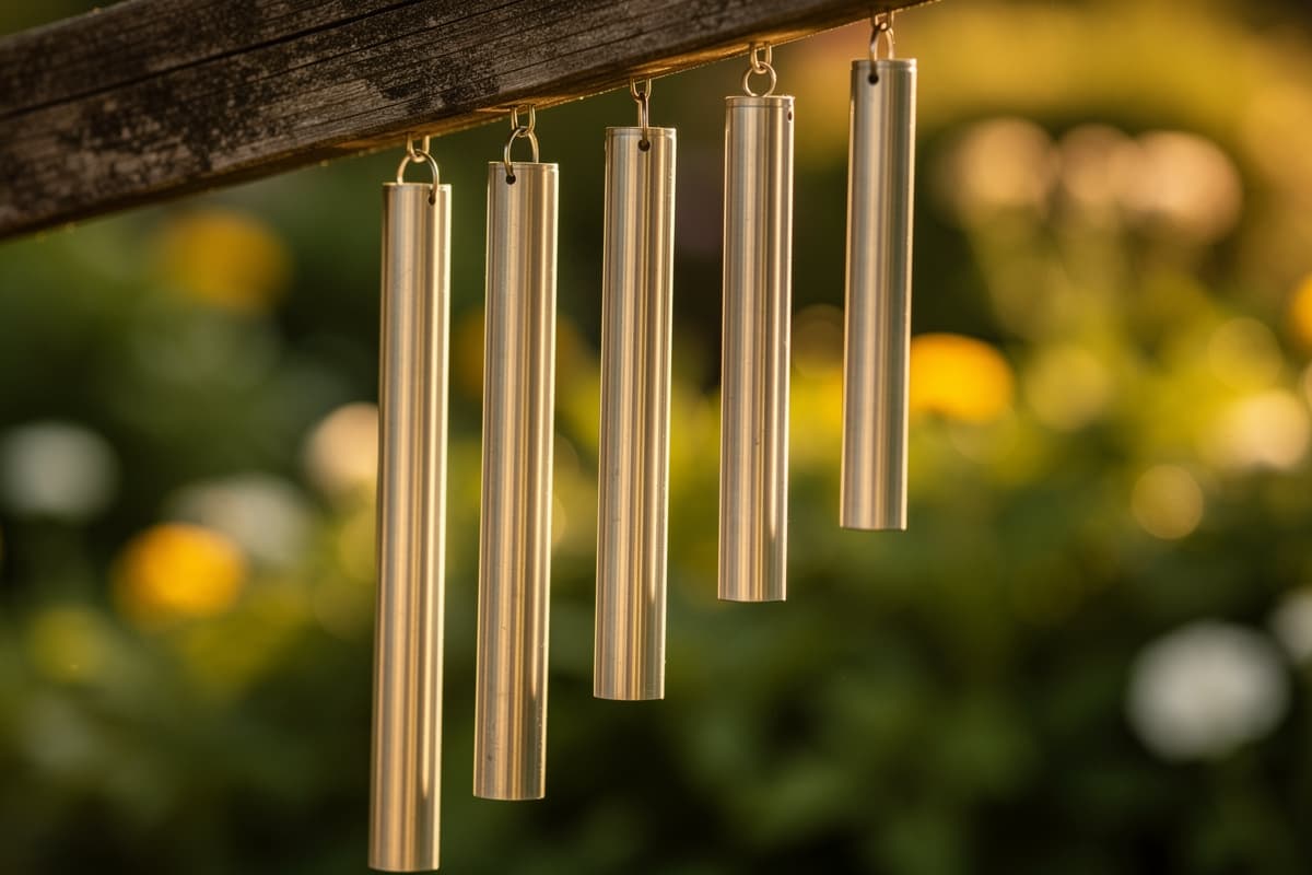 Wind chime tubes of varying lengths hanging from a crossbeam