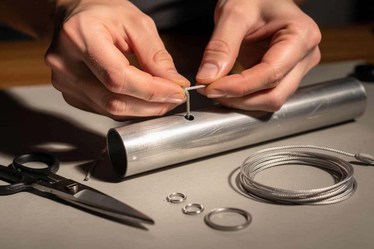 Close-up of hands carefully re-tying wind chime cord through suspension holes, tools laid out neatly on a wooden surface