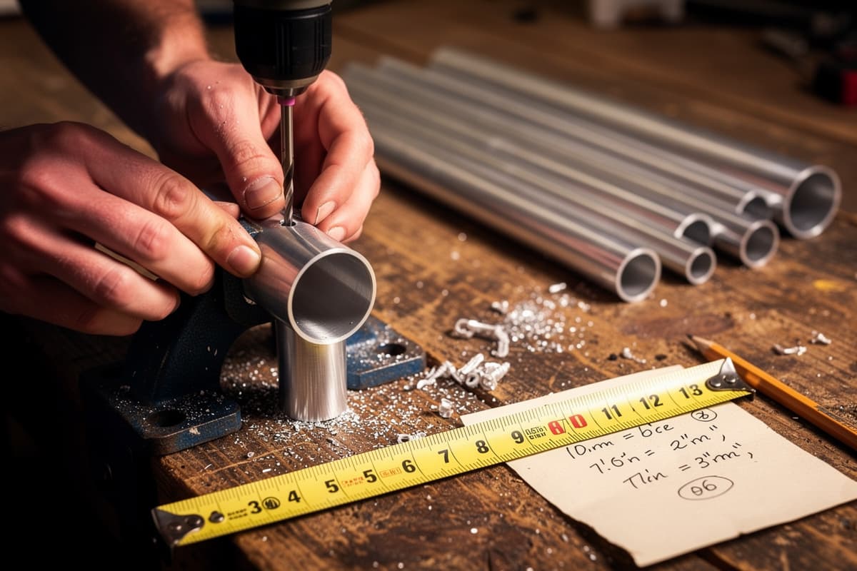 Hands drilling suspension holes in aluminum tubes laid out on a workbench, measuring tape and notes visible
