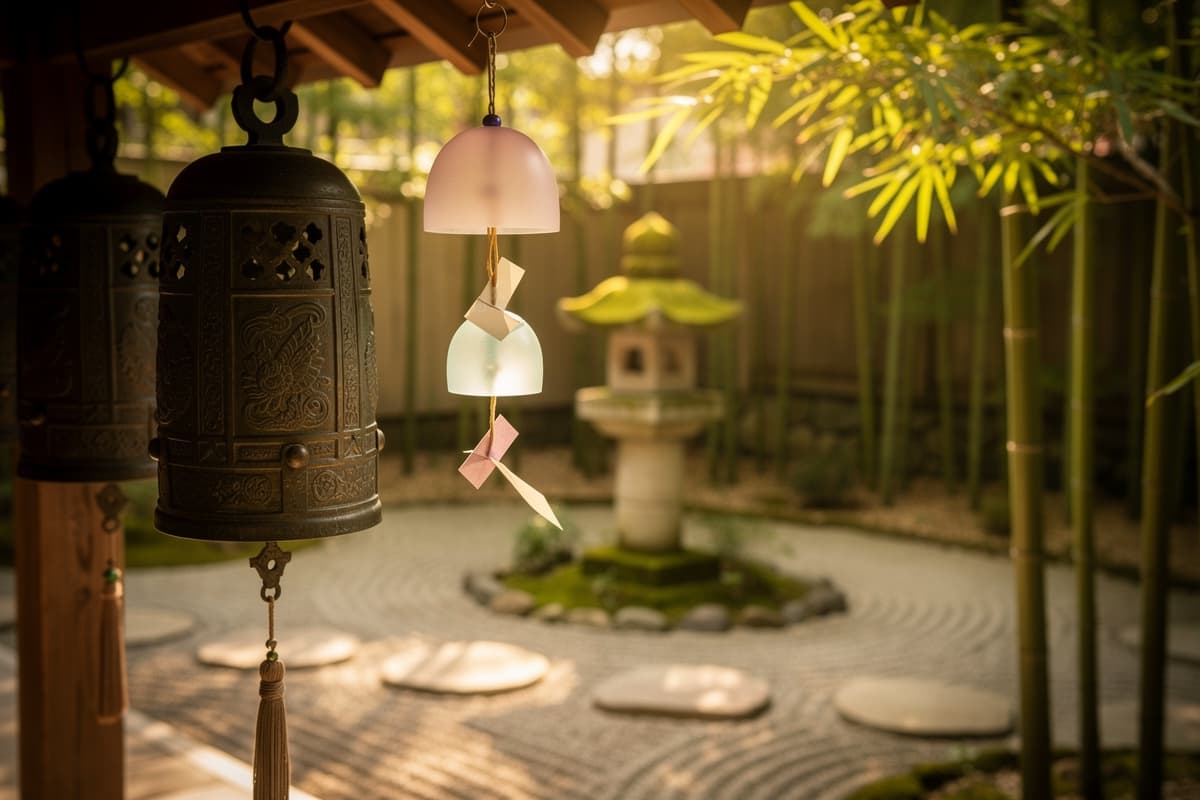Ancient Chinese bronze wind bells and Japanese glass fūrin hanging in a temple garden setting, warm dappled light
