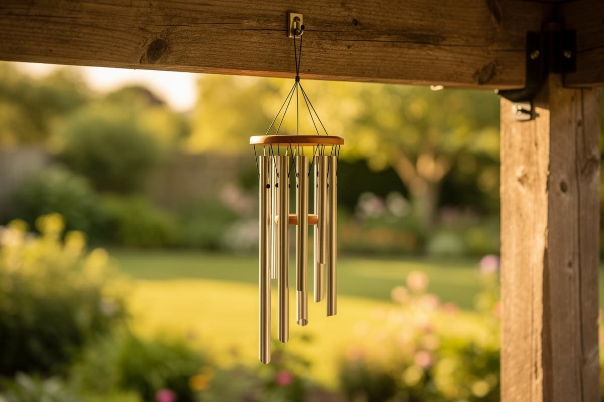 Wind chimes hanging from a porch eave with open garden beyond, warm afternoon light