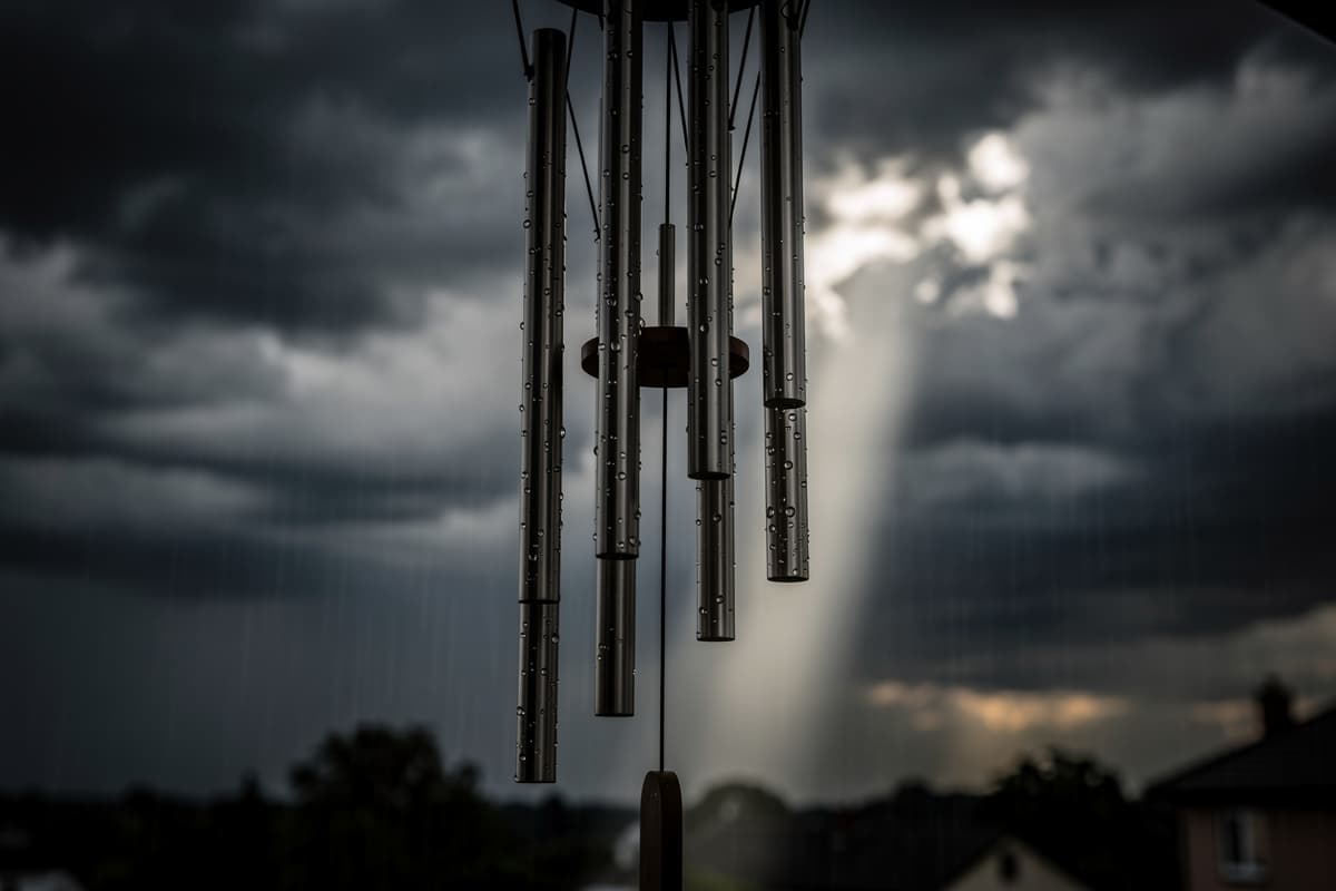 Wind chimes in dramatic weather, dark stormy sky behind with warm light illuminating the chime, rain visible in background