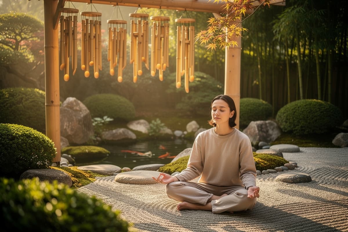 Person meditating in a peaceful garden setting with wind chimes hanging softly in the background, warm morning light