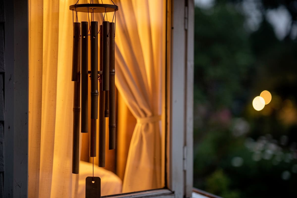 Wind chimes hanging near an open bedroom window at dusk, soft warm light